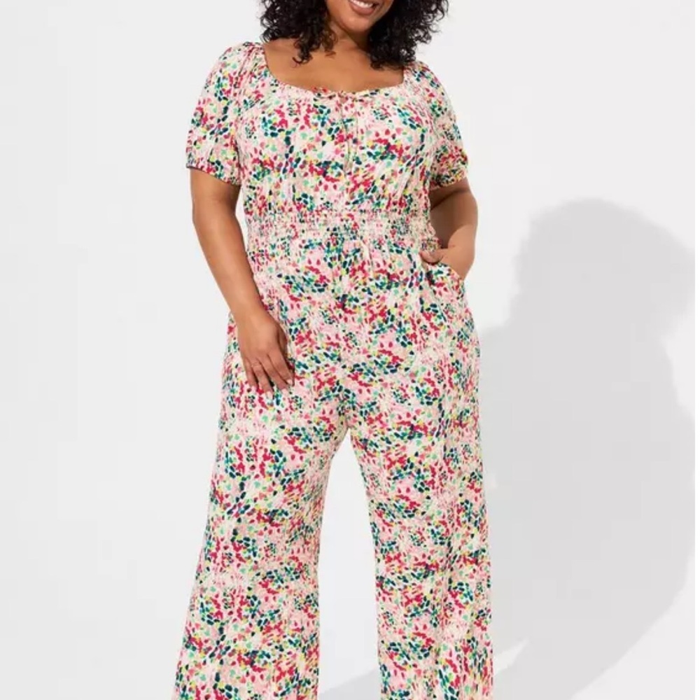 Torrid Pink and Green Floral Jumpsuit with Sweetheart Neckline